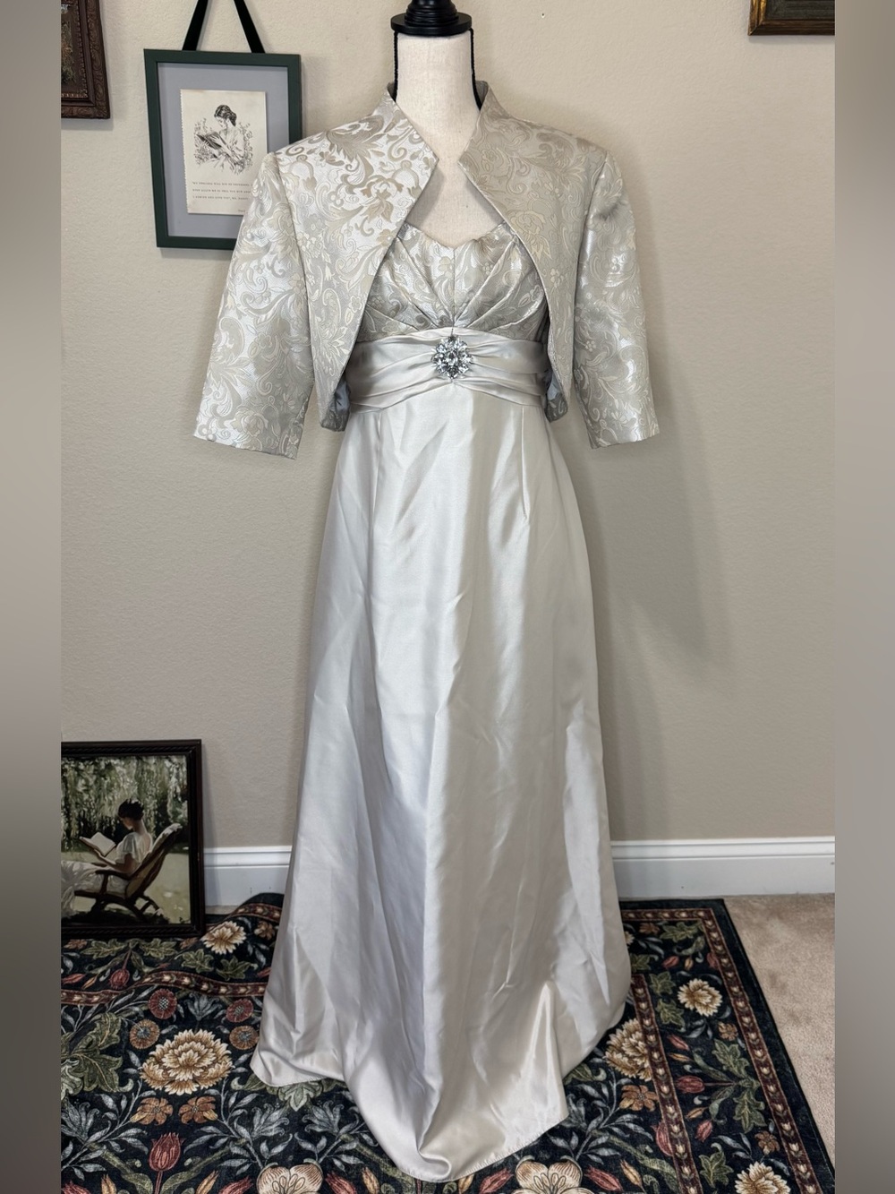 ELIZA J | Cream Silver Brocade Evening Dress with Jacket Size 14